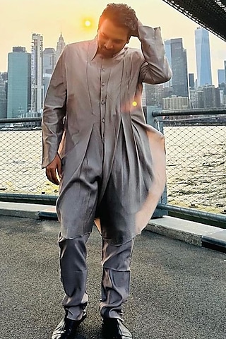 Smoke Grey Cotton Silk Trousers by Antar Agni Men