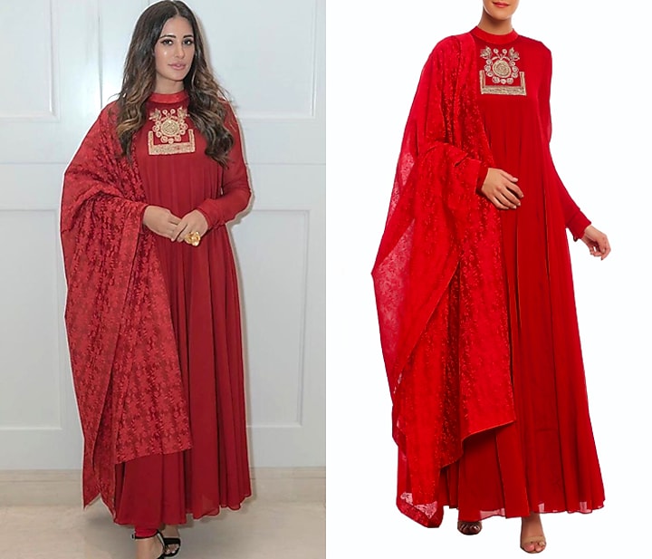 Scarlet Red Embroidered Party Wear Anarkali Set by Masaba at Pernia's Pop Up Shop