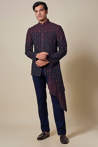 Midnight Blue Crushed Georgette Machine Embroidered Bandhgala by Shantnu & Nikhil Men
