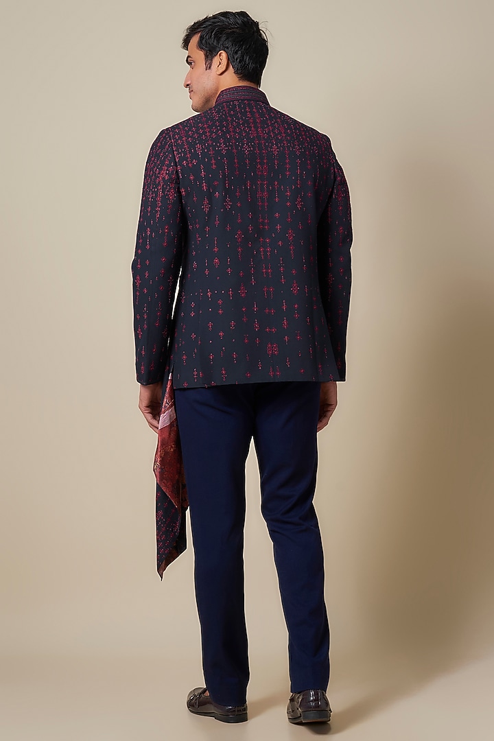 Midnight Blue Crushed Georgette Machine Embroidered Groom Bandhgala by Shantnu & Nikhil Men at Pernia's Pop Up Shop