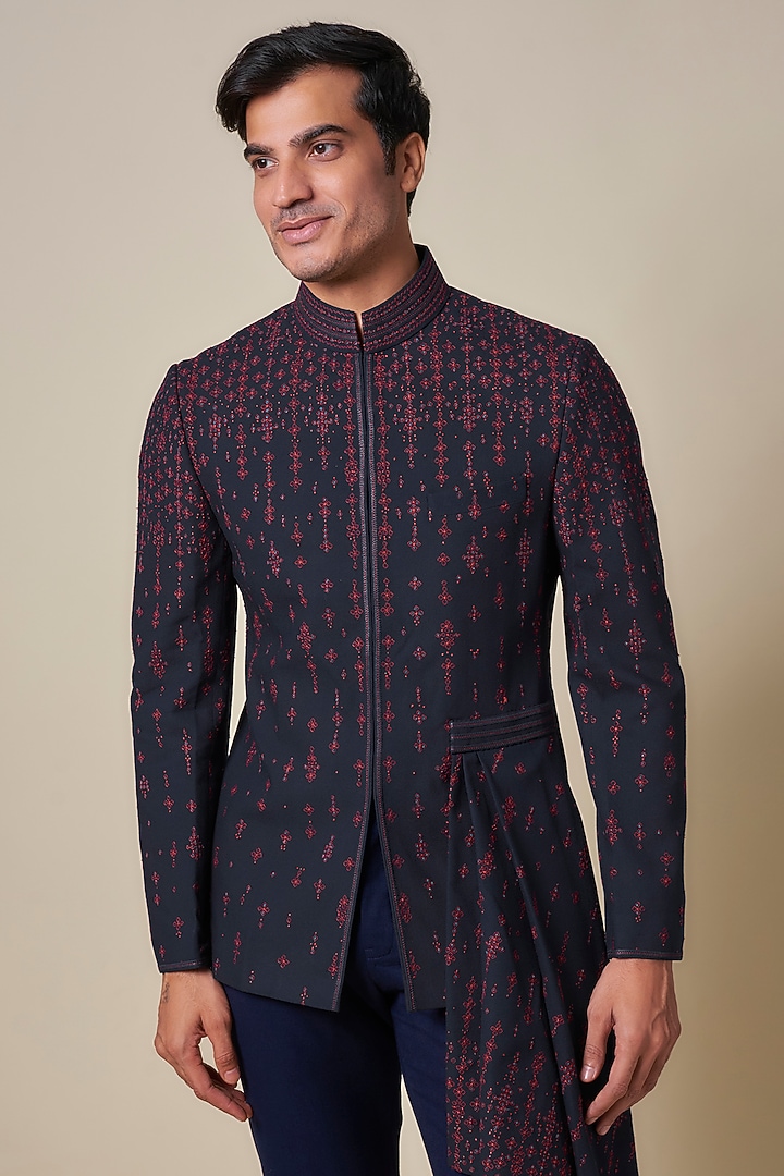 Midnight Blue Crushed Georgette Machine Embroidered Groom Bandhgala by Shantnu & Nikhil Men at Pernia's Pop Up Shop