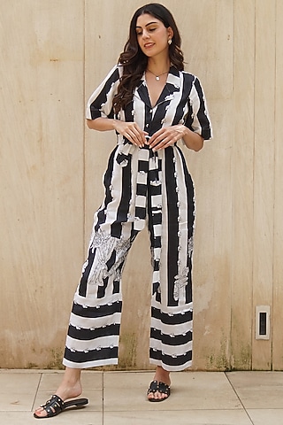 Black & White Linen Stripe Printed Jumpsuit by NASSH