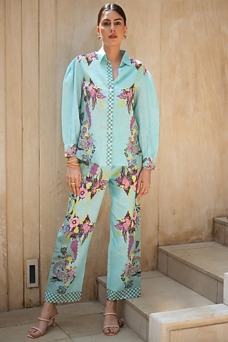 Blue Linen Digital Printed Co-Ord Set by NASSH