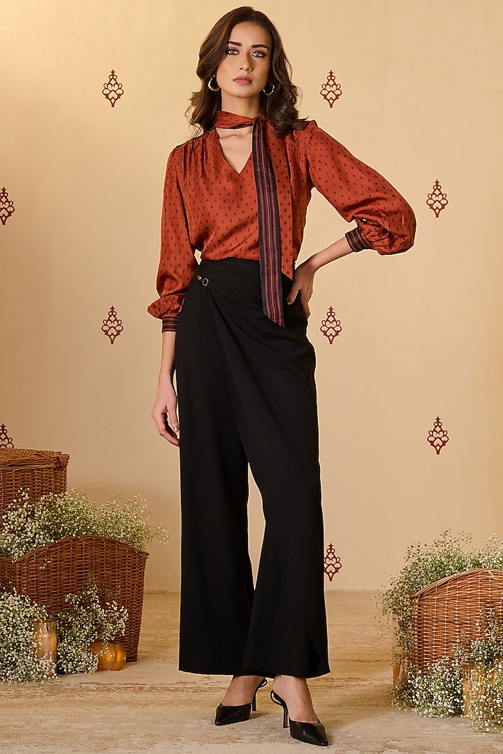 Black Twill & Rayon Blend Wrap Flared Trousers by S&N by Shantnu Nikhil