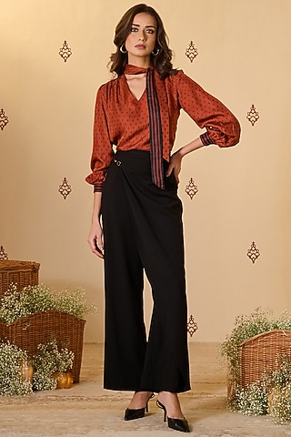 Black Twill & Rayon Blend Wrap Flared Trousers by S&N by Shantnu Nikhil