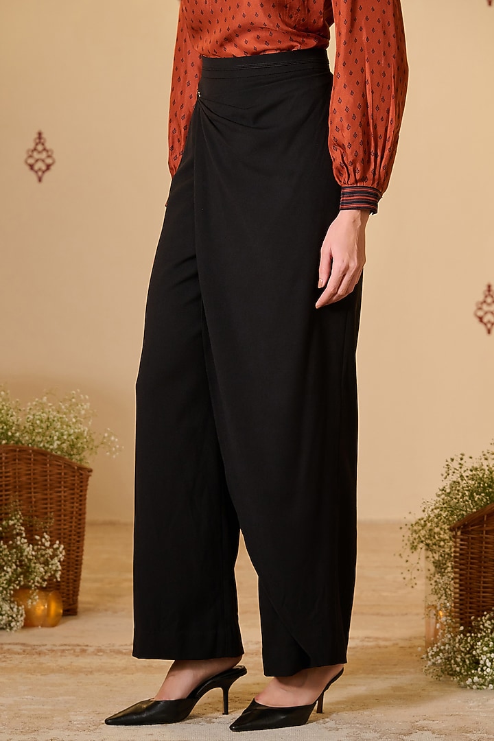 Black Twill & Rayon Blend Wrap Flared Trousers by S&N by Shantnu Nikhil at Pernia's Pop Up Shop