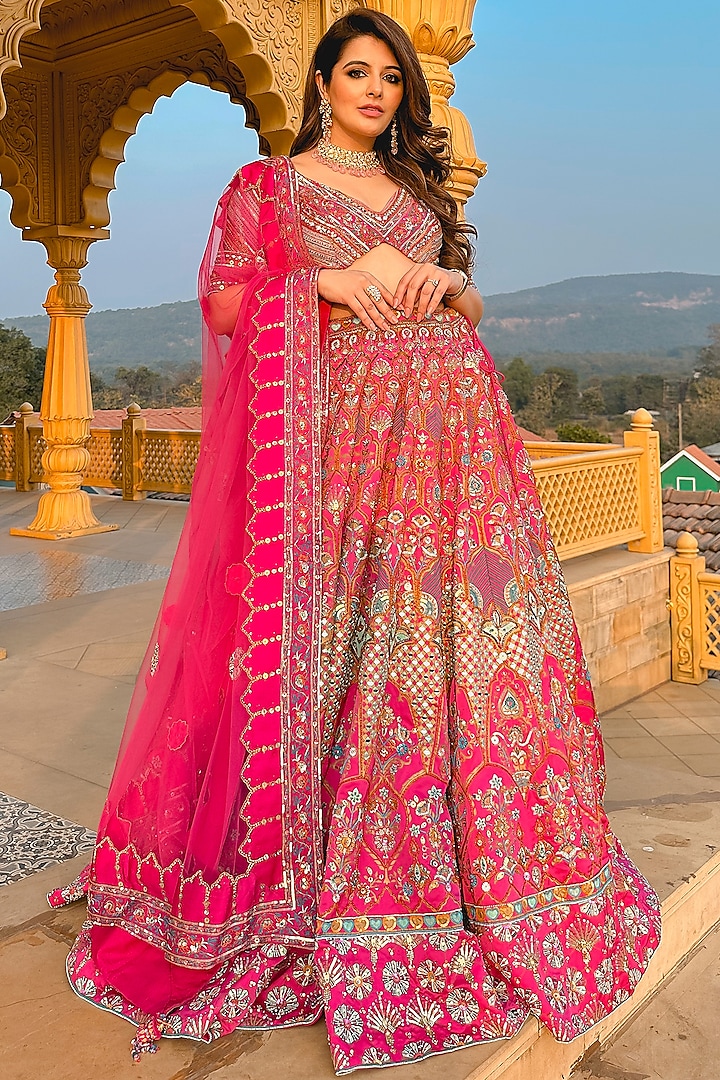 Pink Embroidered Bridal Lehenga Set by Moledro at Pernia's Pop Up Shop