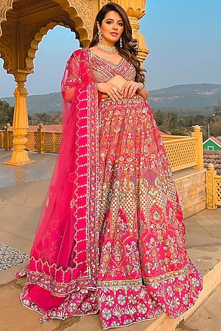 Pink Embroidered Lehenga Set by Moledro