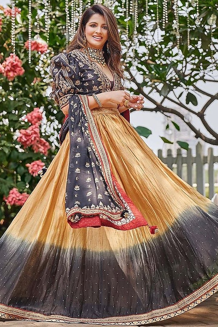 Black & Beige Cotton Silk Lehenga Set by Ri Ritu Kumar