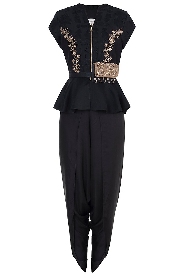 Black embroidered peplum blouse with pants by Natasha J