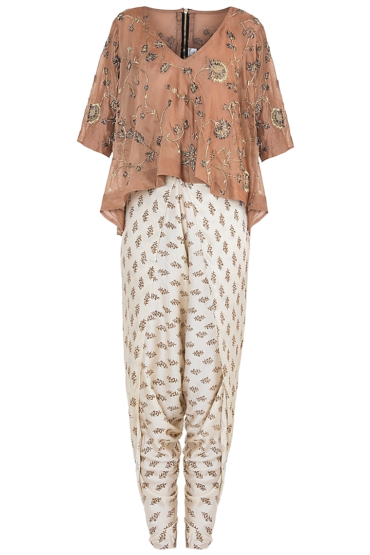 Beige embroidered top with dhoti pants by Natasha J