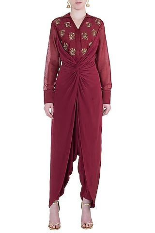 Raspberry embroidered dhoti jumpsuit by Natasha J