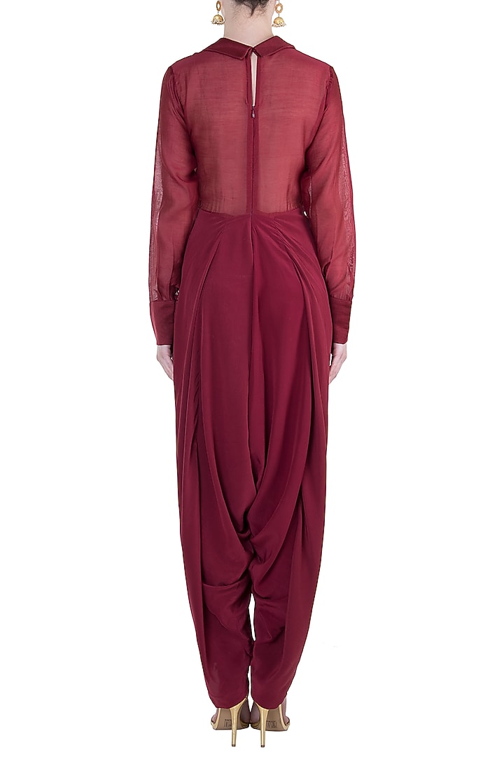 Raspberry embroidered dhoti jumpsuit by Natasha J at Pernia's Pop Up Shop