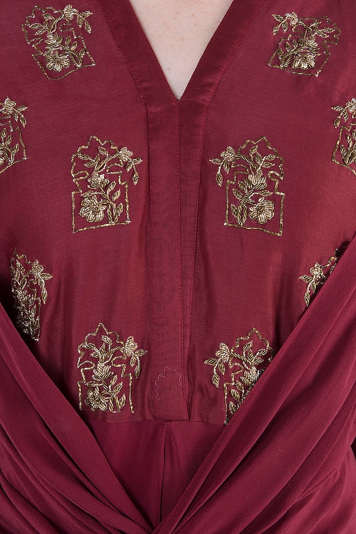 Raspberry embroidered dhoti jumpsuit by Natasha J at Pernia's Pop Up Shop