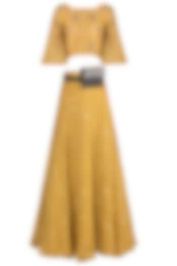Mustard embroidered printed skirt with crop top and kamarbandh by Natasha J