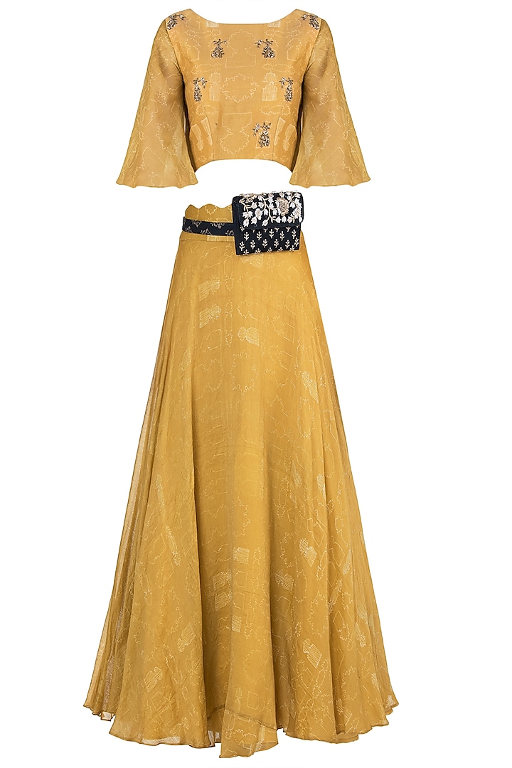 Mustard embroidered printed skirt with crop top and kamarbandh by Natasha J