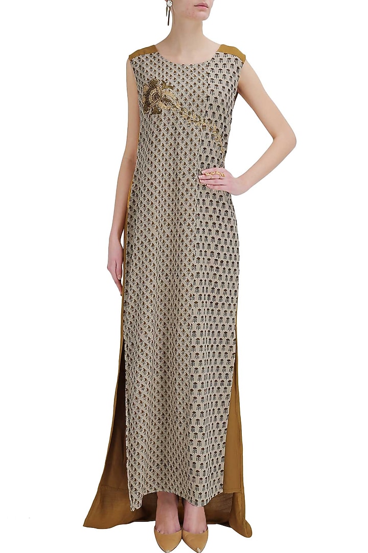 Mustard floral motif high low maxi dress available only at Pernia's Pop Up Shop.