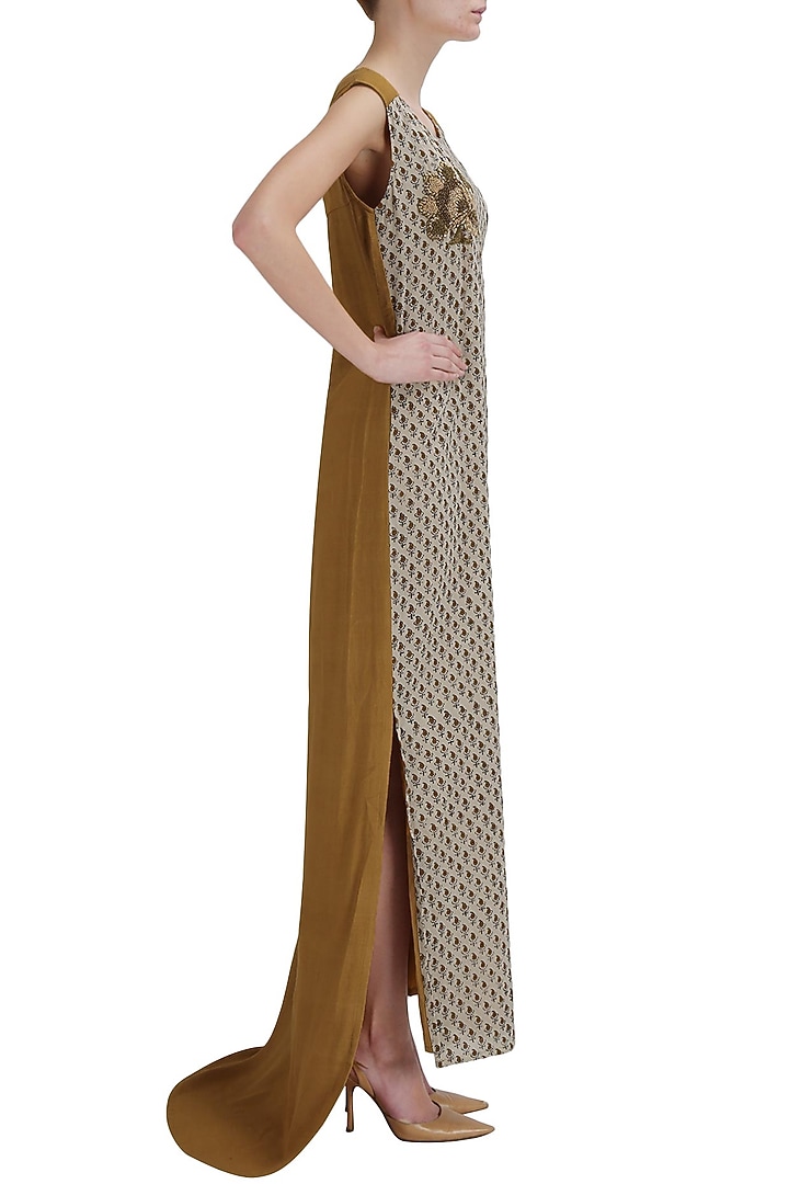Mustard floral motif high low maxi dress available only at Pernia's Pop Up Shop.