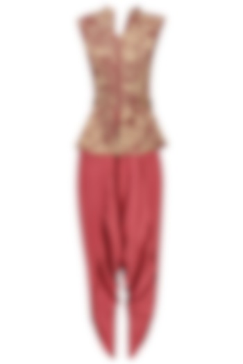 Beige and Red Mesh Print Peplum Top with Dhoti Pants Set by Natasha J