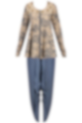 Grey and blue mesh print flared top with dhoti pants set available only at Pernia's Pop Up Shop.