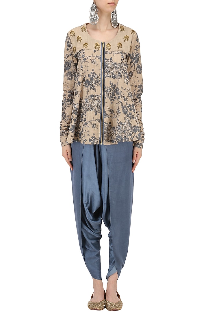 Grey and blue mesh print flared top with dhoti pants set available only at Pernia's Pop Up Shop.