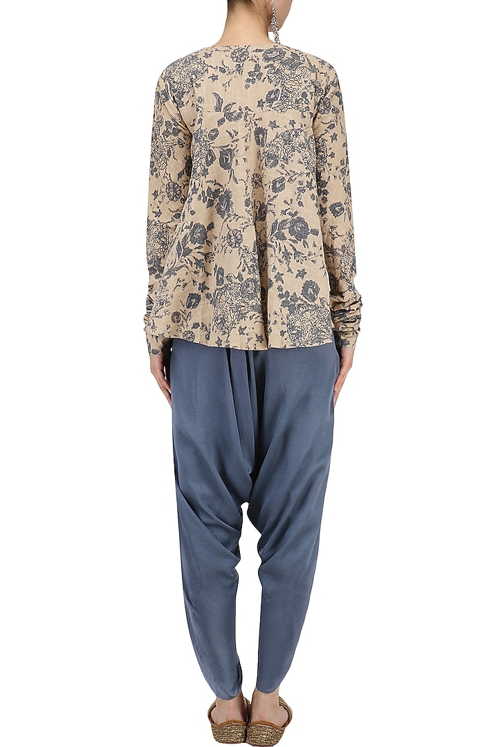 Grey and blue mesh print flared top with dhoti pants set available only at Pernia's Pop Up Shop.