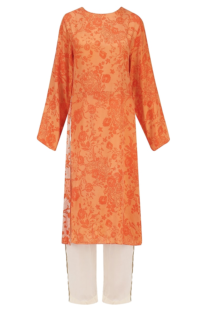 Orange mesh print kurta with off white pants available only at Pernia's Pop Up Shop.