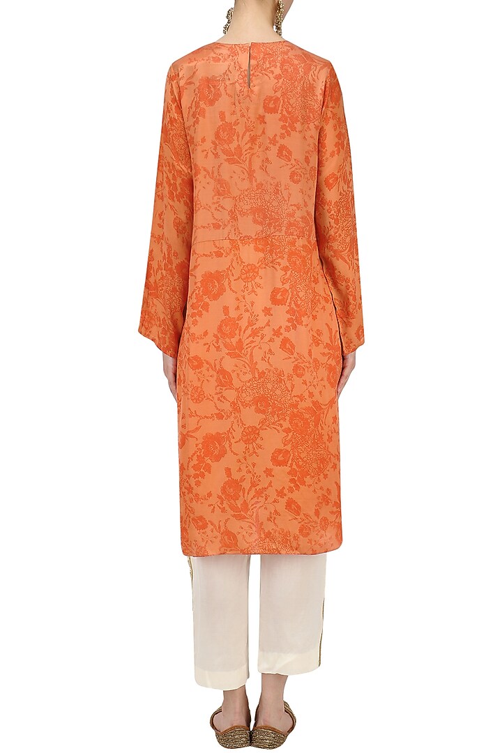 Orange mesh print kurta with off white pants available only at Pernia's Pop Up Shop.