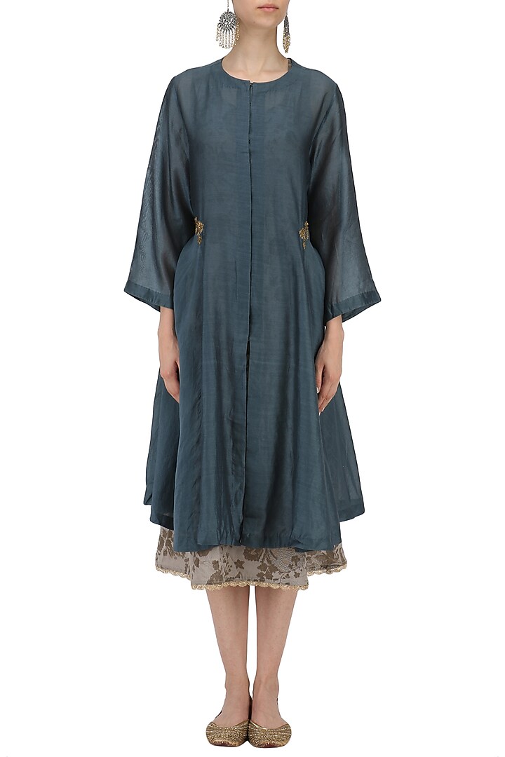 Teal embroidered front open jacket with grey mesh print slip available only at Pernia's Pop Up Shop.