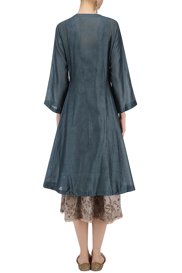 Teal embroidered front open jacket with grey mesh print slip available only at Pernia's Pop Up Shop.