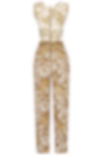 Off White and Beige Embroidered Mesh Print Jumpsuit by Natasha J