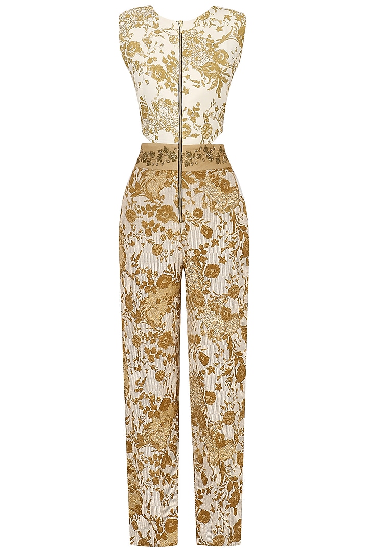 Off white and beige embroidered mesh print jumpsuit available only at Pernia's Pop Up Shop.