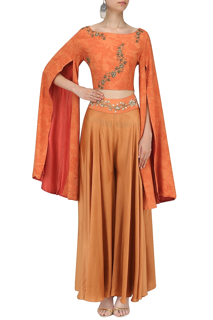Orange mesh print crop top with embroidered palazzo pants available only at Pernia's Pop Up Shop.