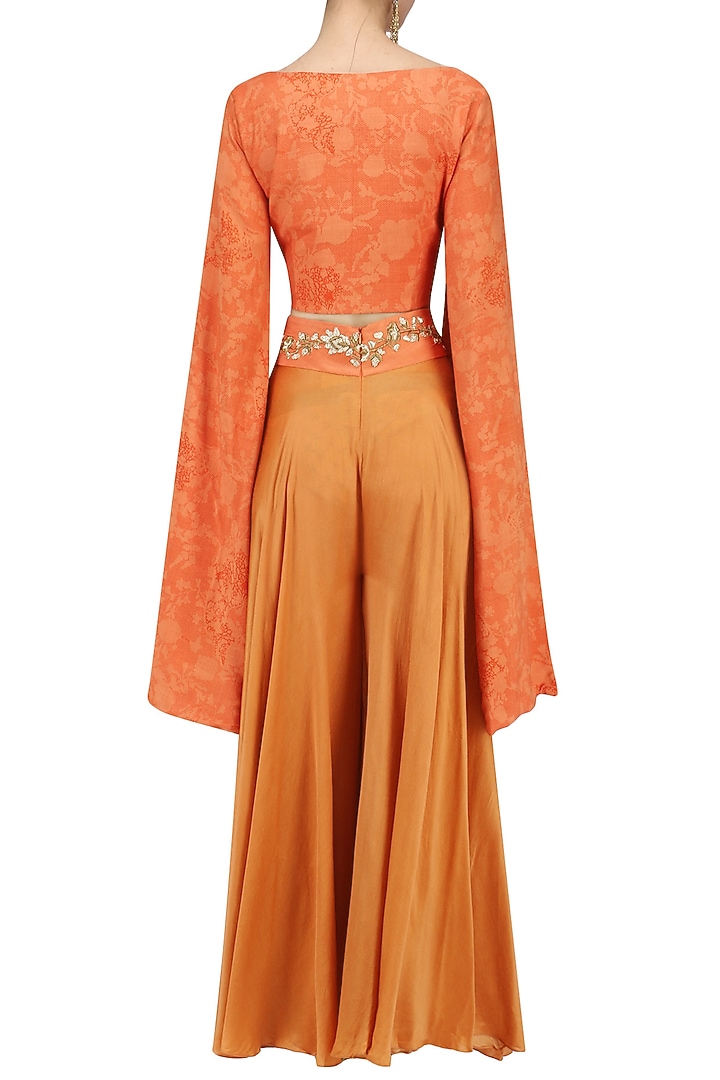 Orange mesh print crop top with embroidered palazzo pants available only at Pernia's Pop Up Shop.
