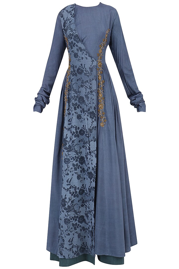 Blue embroidered mesh print angrakha anarkali available only at Pernia's Pop Up Shop.