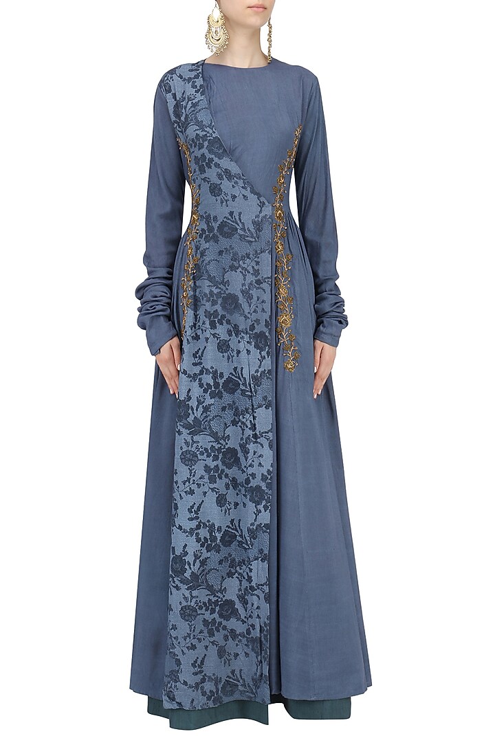 Blue embroidered mesh print angrakha anarkali available only at Pernia's Pop Up Shop.