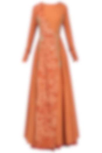 Orange embroidered mesh print angrakha anarkali available only at Pernia's Pop Up Shop.