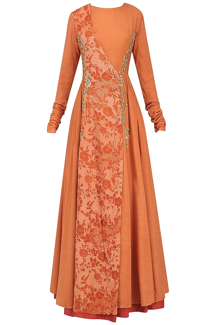 Orange embroidered mesh print angrakha anarkali available only at Pernia's Pop Up Shop.