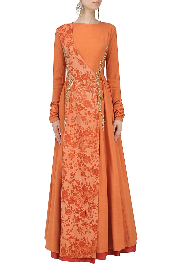 Orange embroidered mesh print angrakha anarkali available only at Pernia's Pop Up Shop.