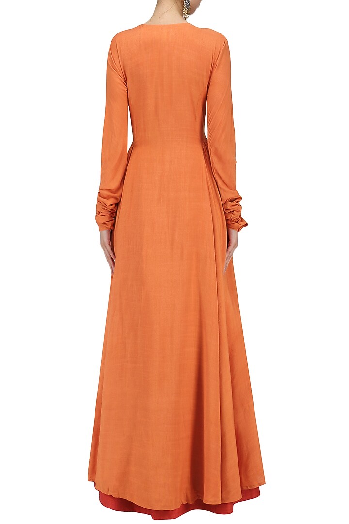 Orange embroidered mesh print angrakha anarkali available only at Pernia's Pop Up Shop.