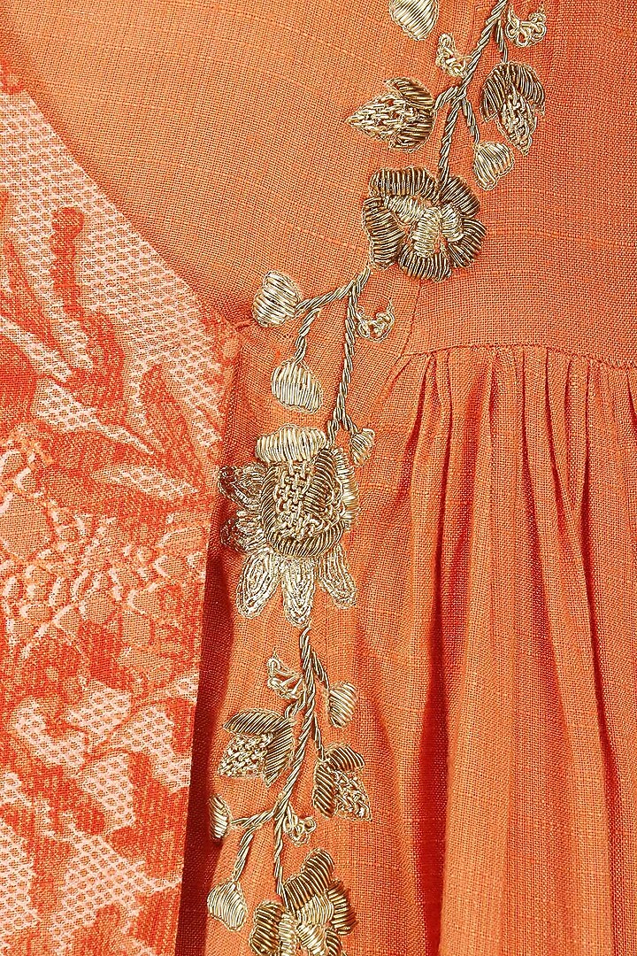 Orange embroidered mesh print angrakha anarkali available only at Pernia's Pop Up Shop.