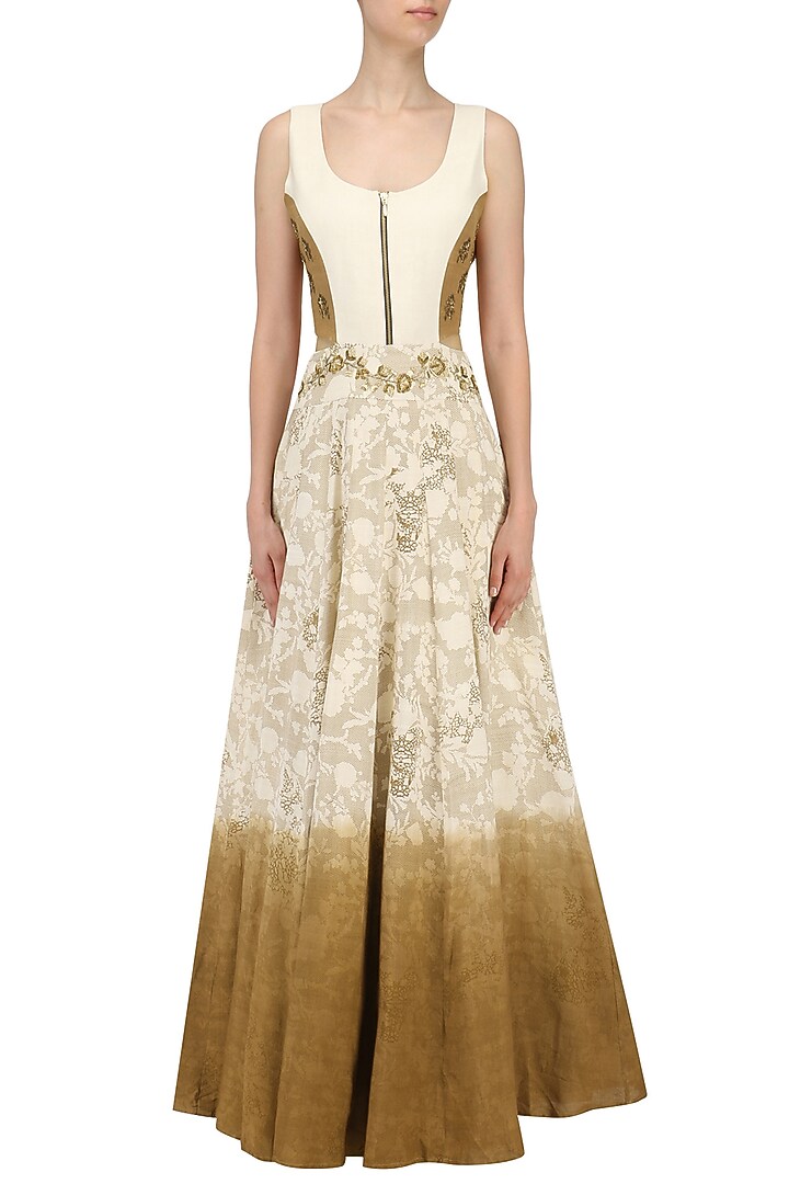 Off white and beige embroidered mesh print gown available only at Pernia's Pop Up Shop.