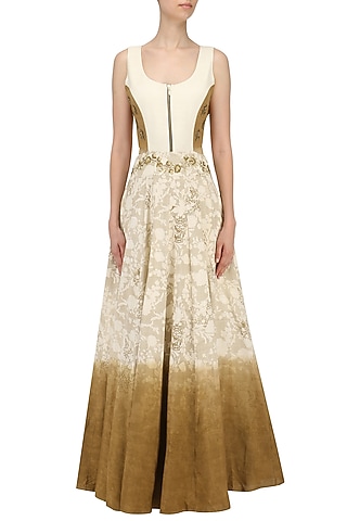 Off White and Beige Embroidered Mesh Print Gown by Natasha J
