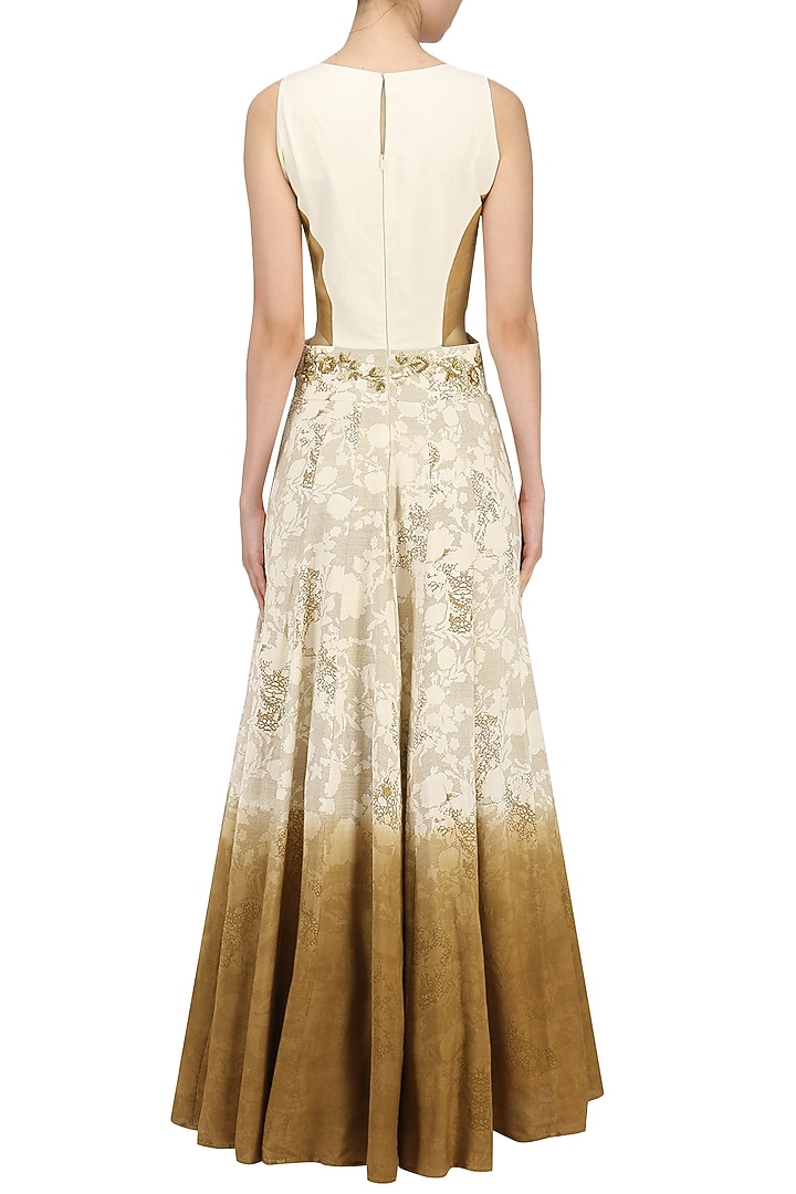 Off white and beige embroidered mesh print gown available only at Pernia's Pop Up Shop.