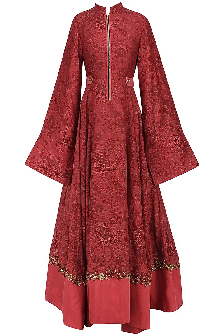 Red embroidered mesh print anarkali available only at Pernia's Pop Up Shop.