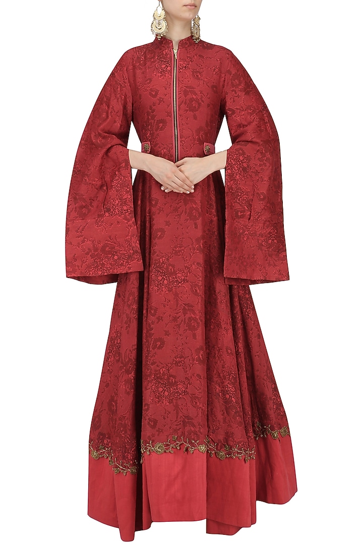 Red embroidered mesh print anarkali available only at Pernia's Pop Up Shop.