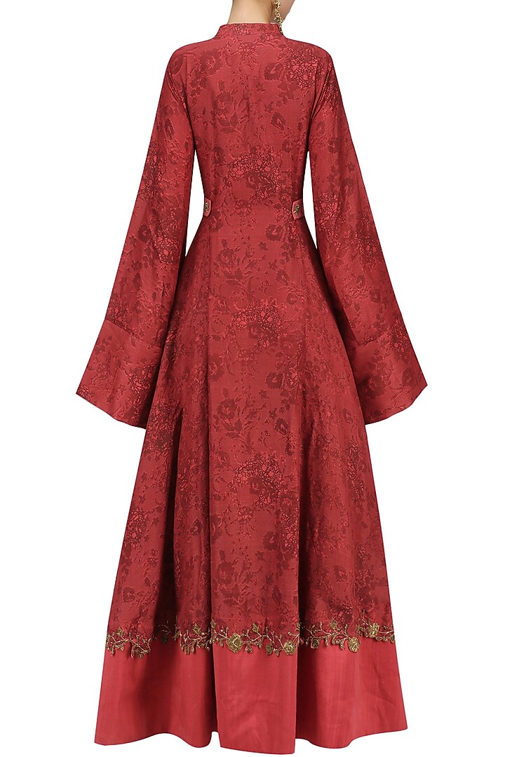 Red embroidered mesh print anarkali available only at Pernia's Pop Up Shop.