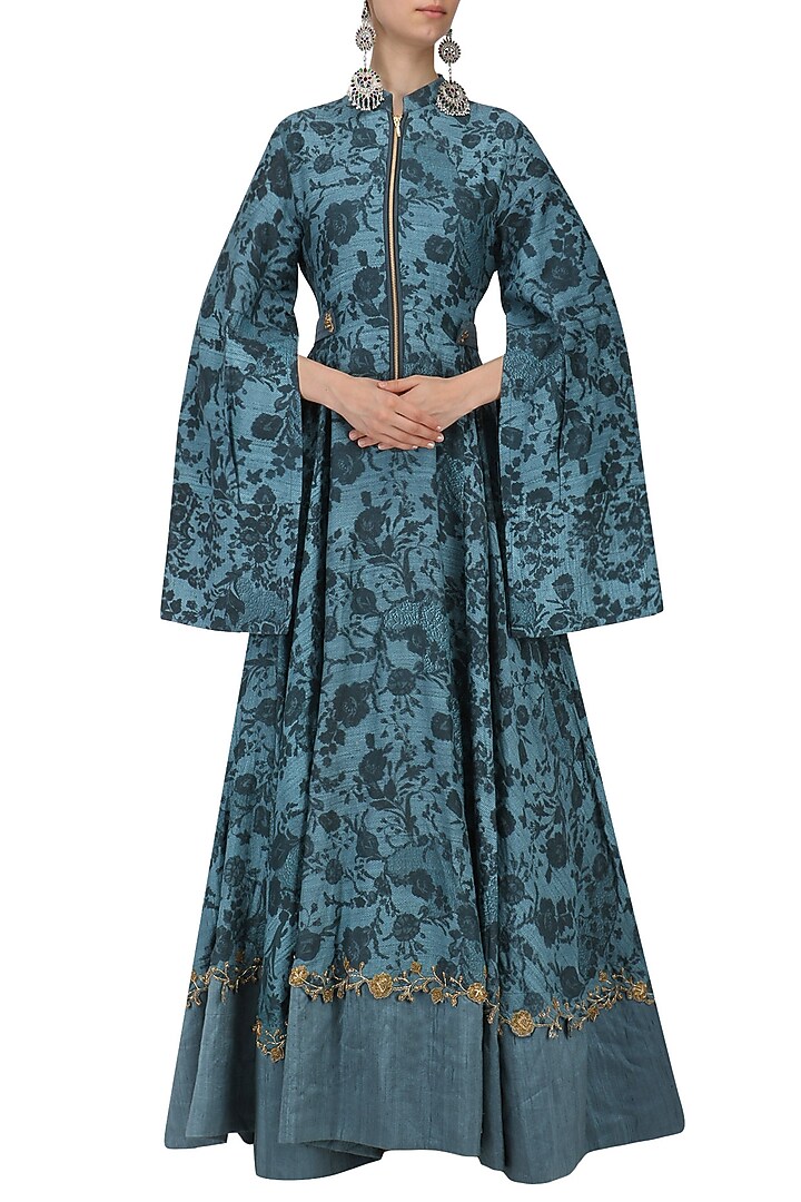 Teal embroidered mesh print anarkali available only at Pernia's Pop Up Shop.