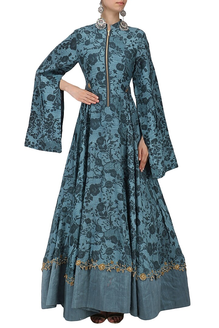 Teal embroidered mesh print anarkali available only at Pernia's Pop Up Shop.