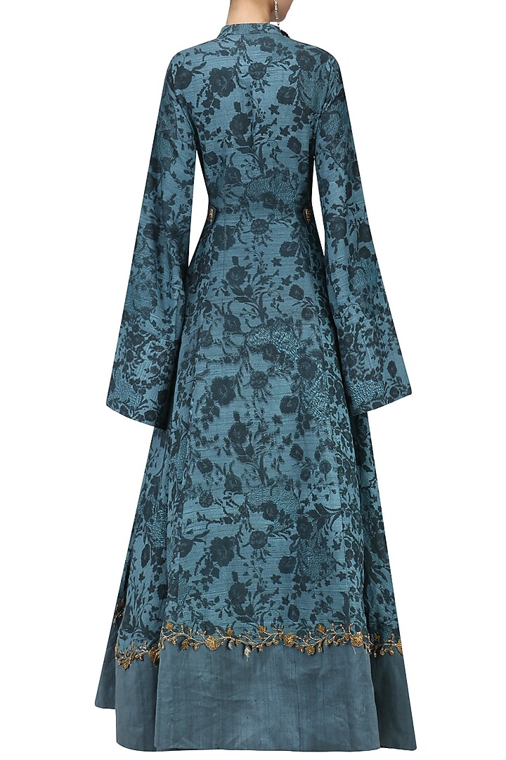 Teal embroidered mesh print anarkali available only at Pernia's Pop Up Shop.